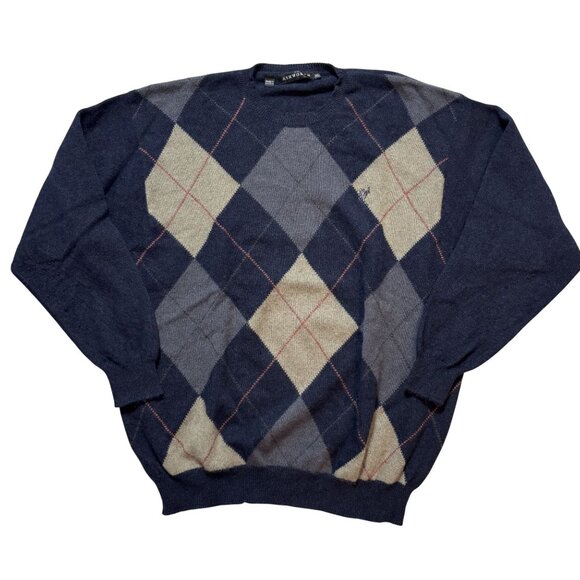 Mens SZ XL Ashworth Argyle Sweater Blue Beige Wool Blend Crew Neck Long Sleeves - Picture 1 of 7